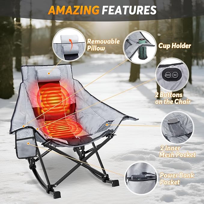Suteck Heated Rocking Camping Chair - Oversized Heated Camping Chair W/20000mAh Power Bank & Carry Bag, Fully Padded Heated Chairs for Outdoor Sports W/3 Heat Levels for Back & Seat, Lawn Picnic Patio