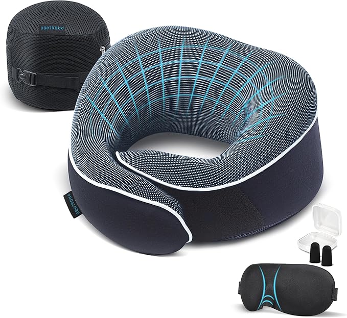 Proglobe Orthopedic Neck Pillow Travel Neck Pillows for Airplanes, Memory Foam Kit, Updated Resting Material, Airplane Travel Set with 3D Contoured Eye Masks, Earplugs, and Luxury Mesh Bag (Blue)