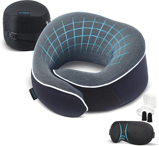 Proglobe Orthopedic Neck Pillow Travel Neck Pillows for Airplanes, Memory Foam Kit, Updated Resting Material, Airplane Travel Set with 3D Contoured Eye Masks, Earplugs, and Luxury Mesh Bag (Blue)