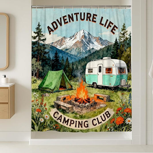 Mountain Extra Long Shower Curtain, Outdoor Adventure Tent Campfire Summer Green Washable with Hooks Toile Cloth Shower Curtains for Home Bathroom Toile Hotel Decor 72x96 Inch