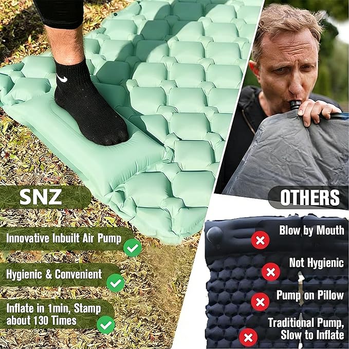 SNZ Camping Sleeping Pad, Ultralight Camping Mat with Pillow, Built-in Foot Pump Inflatable Sleeping Pads Compact for Backpacking, Tent, Travel, Outdoor Activities (Double)