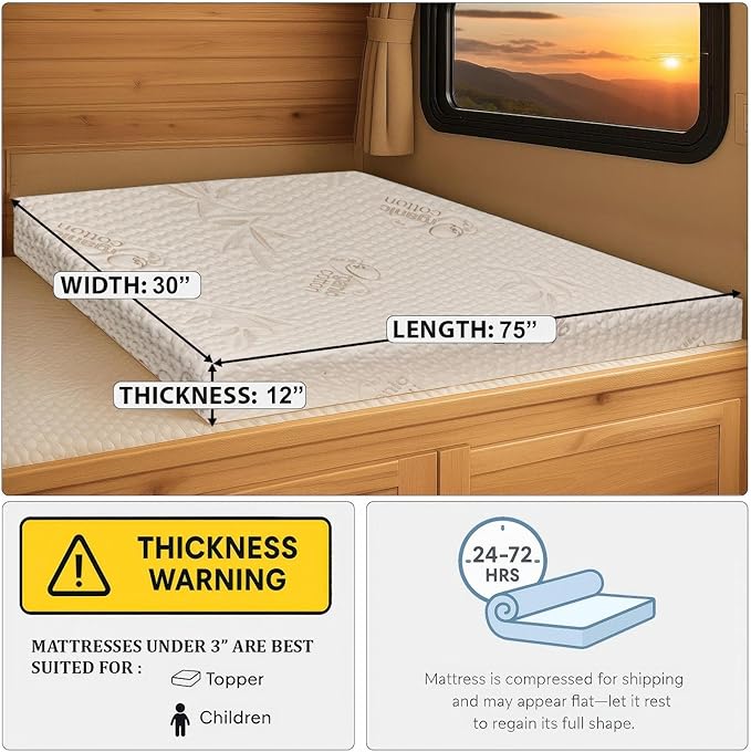 Foamma 12” x 30” x 75” Truck, Camper, RV High-Density Bunk Mattress, Organic Cotton Cover, Made in USA, Comfortable, Travel Trailer, CertiPUR-US Certified