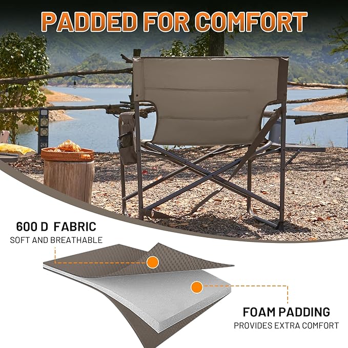 TIMBER RIDGE XXL Director’s Chair – Heavy Duty Folding Chair with Side Table, 500 lb Capacity, Extra Wide Padded Seat for Camping, Sports, Beach, Patio, and Outdoor Use, Tan-2 Pack