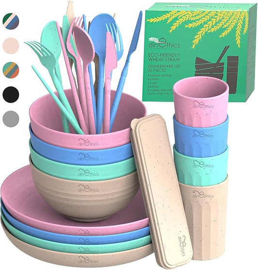 WheatStraw Dinnerware Sets for 4 - Alternate To Plastic Dishes - Dishwasher Safe Microwave Plates - Unbreakable Dinnerware Set - Wheat Straw Dishes - Lightweight Camping Plates & RV Dishes