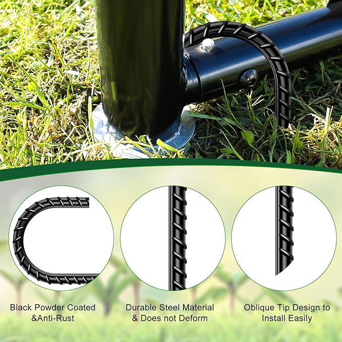 FEED GARDEN 16 Inch 8 Pack Rebar Stakes Heavy Duty J Hook, Galvanized Steel Ground Stakes Tent Stakes Ground Anchors, Chain Link Fence Stakes, Trampoline Stakes, Black