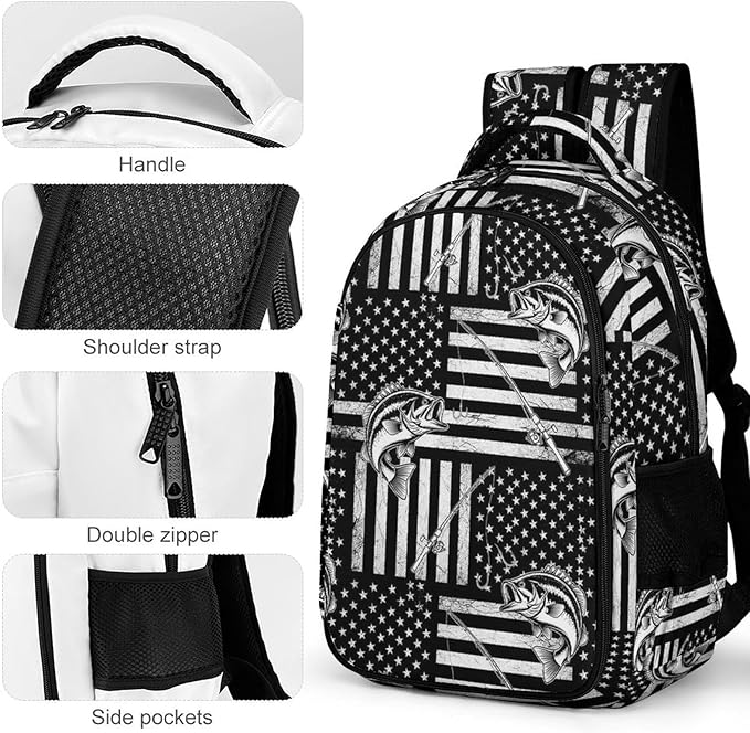 Waterproof Hiking Backpack Black And White American Bass Fishing Flag, Anti Theft Travel Laptop Rucksack with Multi Compartments for Men Women Outdoor Sports