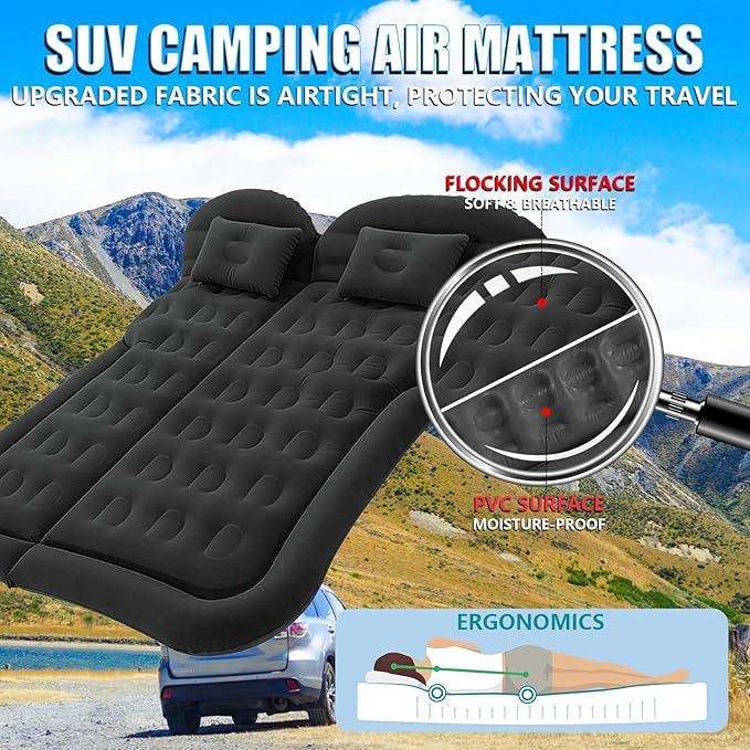 SUV Air Mattress, Inflatable Car Air Bed Truck Camping Mattress for Back Seat Thickened Travel Sleeping Pad with 1 Charge & Air Pump Flocking Car Bed For SUV, Rear Seat, Trunk, 68L× 51W × 5.11H"