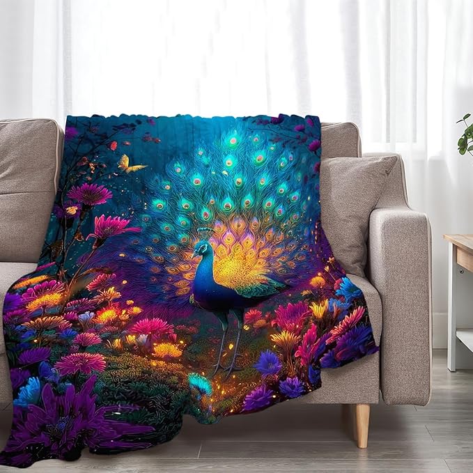 Fantasy Peacock Blanket Animal Throw Blankets Gifts for Girls Boys Kids Peacock Lover Soft Cozy Fleece Plush for Couch Sofa Bed 80"x60"
