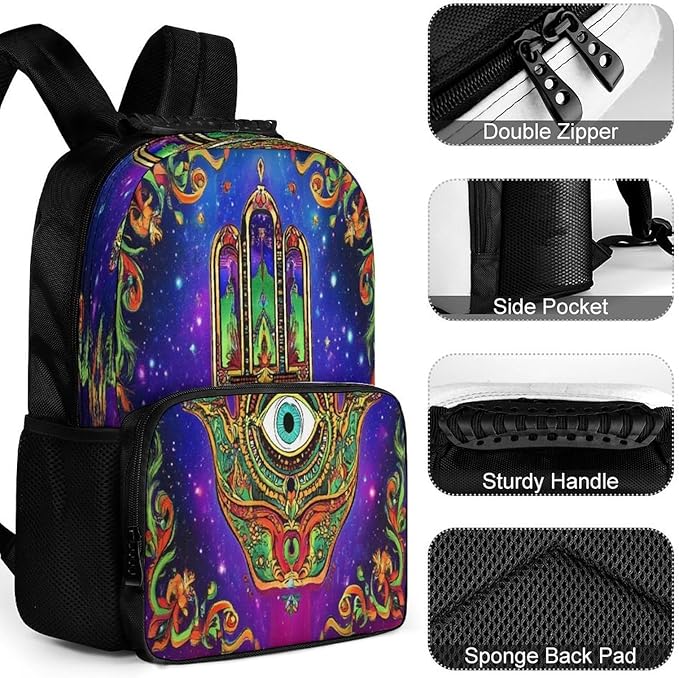 Polyester Daypack Backpack for Climbing Outdoors Running, Big Capacity Multipurpose Anti-Theft Bookbag, Colorful Eye Hamsa Hand Lotus Ethnic Indian Art Travel Hiking Camping Rucksack