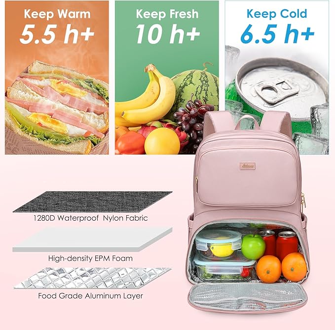 Lunch Backpack for Women Men, 16 Inch Laptop Backpack with Lunch Compartment, Water Resistant Lunchbox Back Pack Meal Prep Cooler Bags Insulated for Nurse Work Teacher Travel