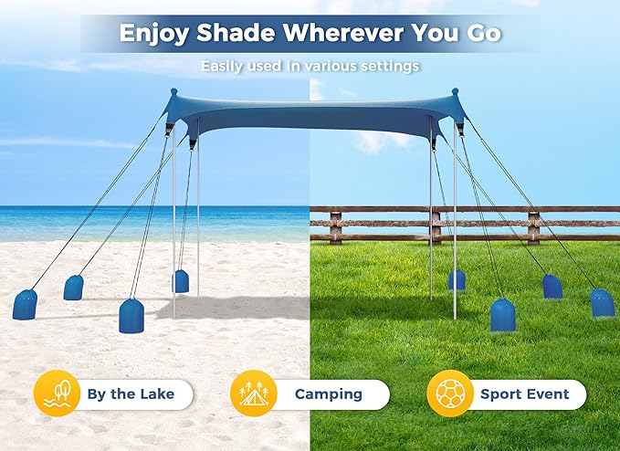 Gorich Beach Tent Sun Shelter with 8 Sandbags, UPF50+ Protection & Windproof Pop Up Beach Canopy Tent Sun Shade for Family, Travel & Camping, Easy Setup Canopy Umbrella