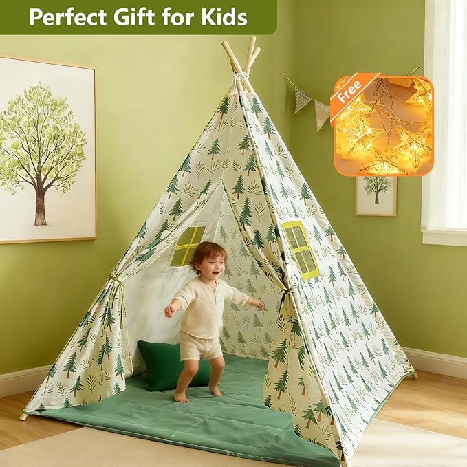 Forest Teepee Tent for Kids Indoor & Outdoor Play Tent Playhouse with Mat&Light, Peach-Skin Fabric, Solid Pine Poles, Nature-Inspired Hideaway Toddler Tents for Boys & Girls,Kids Room Decor Sleepover
