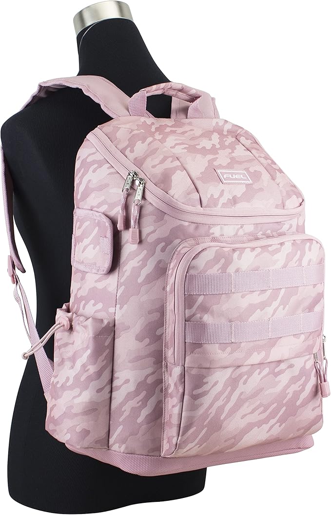 FUEL Multi-Pocket Cargo Travel Backpack Luggage Bag with Top-Loader Entry, Dusty Pink Camo