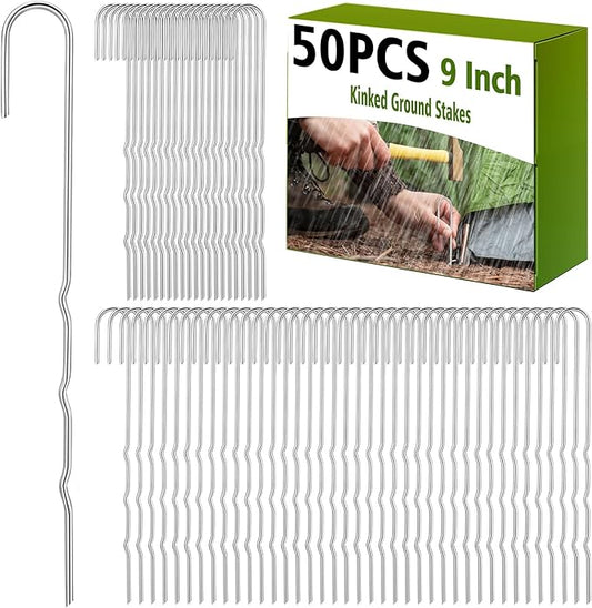 50 Pcs Kinked Ground Stakes 9 Inch Metal Garden Fence Edging Hook Heavy Duty J Shaped Galvanized Tent Fence Spikes for Dogs Digging Outdoor Awning Canopy Tarpaulin
