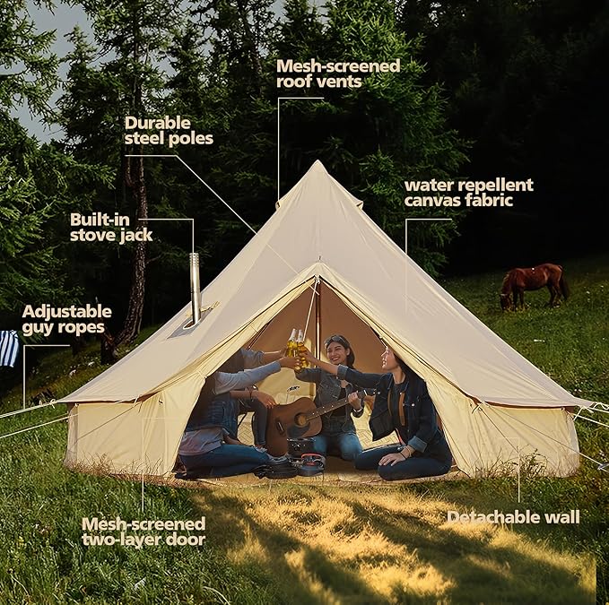 Cotton Canvas Bell Tent, Waterproof Large Tents with Sturdy Center & Door Pole and Space for 4/6/8 Person All 4 Season Camping Yurt Tent