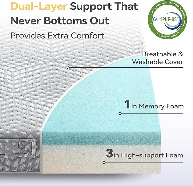BDEUS Memory Foam Folding Mattress 4 Inch Twin XL Size with Protable Storage Bag, Trifold Mattress Topper Soft Guest Bed Floor Mat for Kids Camping Road Trip, Gray, 38 x 80 Inch