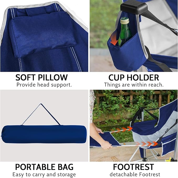 Romswi 2Pk Aluminum Hammock Camping Chair with Footrest, Oversized Portable Swinging Chair with Adjustable Back & Seat, Lightweight Folding Rocking Camp Chair Supports 440lbs for Outdoor, Patio Blue