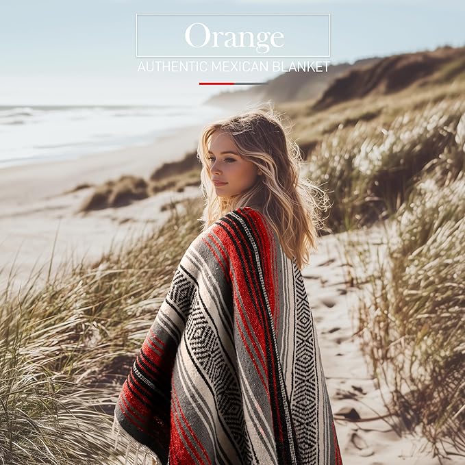 Hydration Nation Authentic Extra Large Mexican Blanket (70"x50") - Handwoven Yoga, Serape - Artisanal Falsa, Beach, Camping, Picnic, Outdoor(Orange)