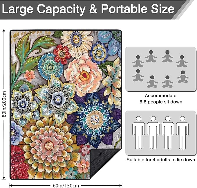 Waterproof Picnic Blankets Foldable & Portable 60''x80'' Boho Picnic Mat for Outdoors, Large Washable Picnic Blanket for Travel Camping Beach, Park Grass Picnic Blanket Accessories for Adults