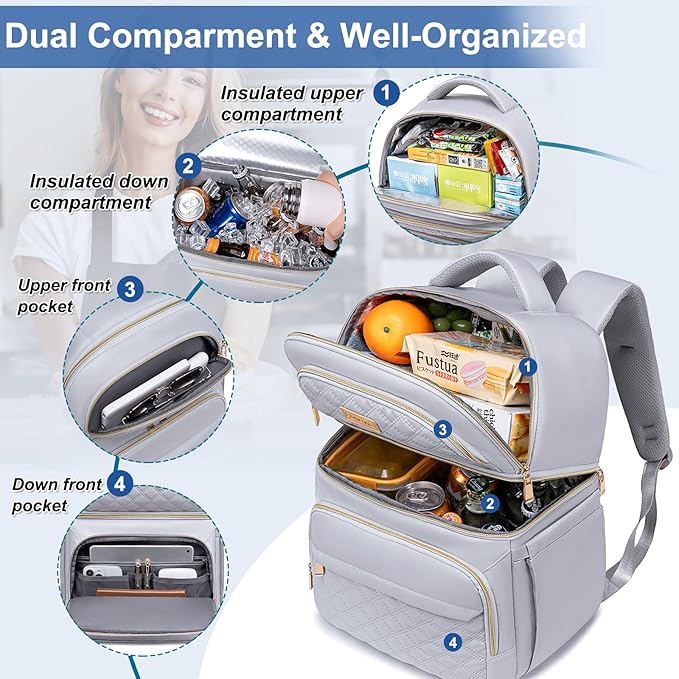 Lunch Backpack Insulated Coolers Backpacks - Lunch Bag for Women Double Decker Lunch Box, Leakproof Lunchbag Large Lunchbox Back Pack Lunch Cooler Bag for Picnic Beach Camping Work
