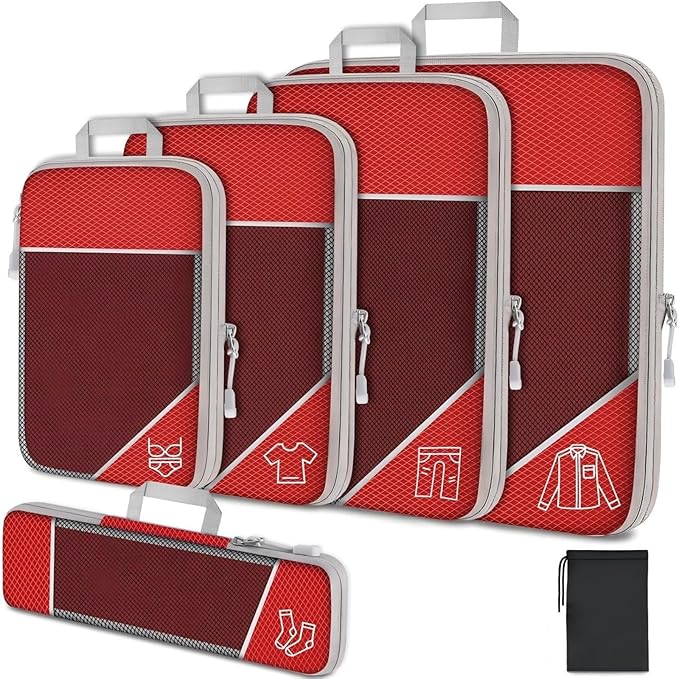 6Pcs Compression Packing Cubes Set, Waterproof Travel Luggage Organizer with Drawstring Bag, Lightweight Nylon Suitcase Storage Bags for Travel Camping Business Trip