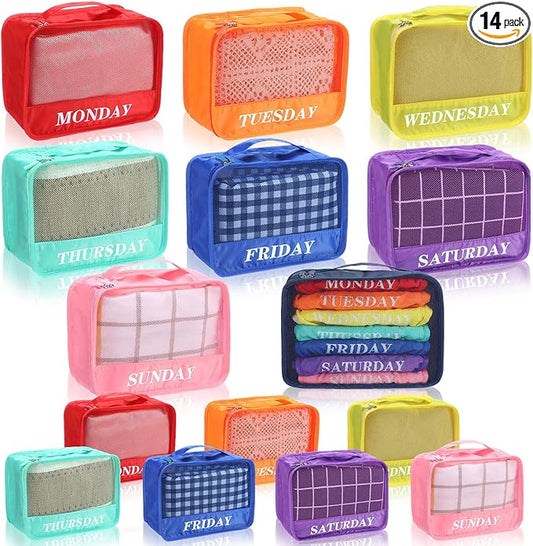 Days of Week Packing Cubes Weekly Organizer Travel Storage Bag School Clothes for Kids Summer Camp Family(9x7x3inch,Rainbow,15)