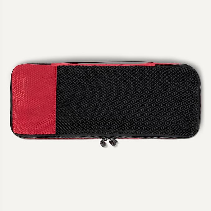 Amazon Essentials 4-Piece Space-Saving Packing Cubes Travel Accessories Set, Luggage Organizer with Double Zipper, Mesh Top, 100% Polyester, Slim, Red (Previously Amazon Basics)