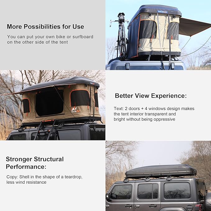 Naturnest Hard Shell Single Roof Tent, 2 Door ABS Roof Tent with 3-Color LED Lights and Built-in USB Plug for Vans, Jeeps, SUVs and Trucks