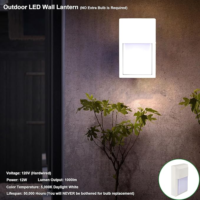 LIT-PaTH Outdoor Sconce Wall Light, LED Wall Lantern 5000K, Porch Lighting Fixture, 12W 1000 Lumens, Aluminum Housing Plus PC, White Finish, 1-Pack