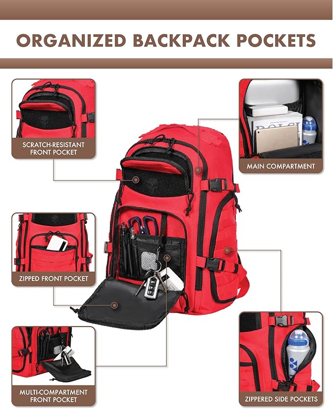 TRAILKICKER Military Tactical Backpack for Men, 35L Tactical Laptop Backpack, Tactical Bag Bug Out Bag, Army 3 Days Assault Pack - Red