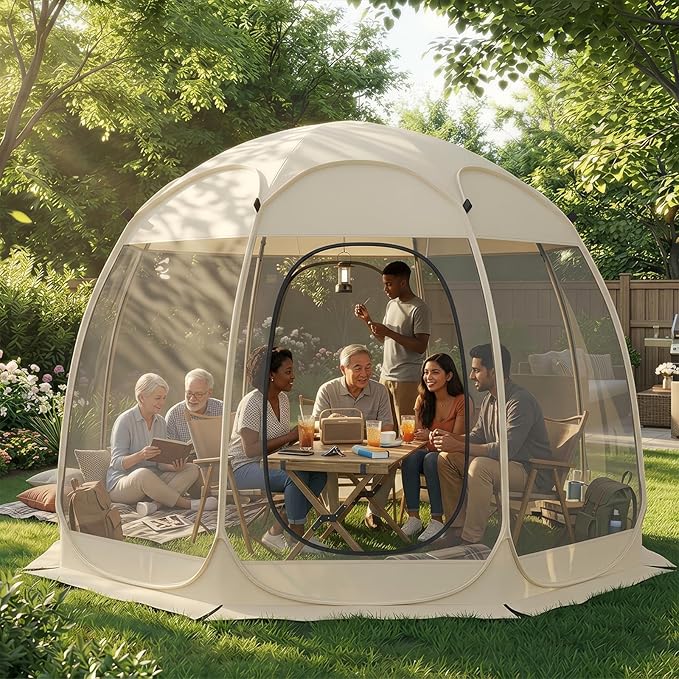 TABU Pop Up Screen House Tent, 12x12 FT Screen Room Canopy with Mosquito Mesh, Instant UV Resistant Shelter with Carry Bag, for 8-10 Person, Beige