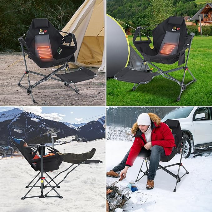 Nice C Heated Hammock Camping Chair with Footrest, Heated Camping Chair with Battery, Rocking Swing Chairs, Hammock Chairs with Stand, Heavy Duty (1, Heat Black W/Footrest)