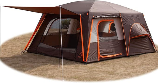 KTT Extra Large Tent 6-10-12-14 Person(Style-B),Family Cabin Tents,2 Rooms,3 Doors and 3 Windows with Mesh,Straight Wall,Waterproof,Double Layer,Big Tent for Outdoor,Picnic,Camping,Family Gathering