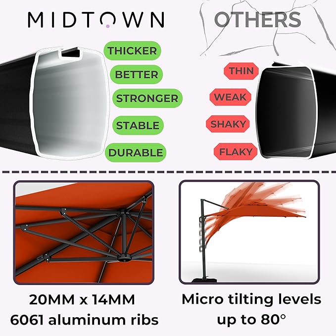 Midtown Umbrellas 10 Ft Outdoor Cantilever Patio Umbrella w/Terylast Apple Red Fabric - Rotate Tilt 360° Offset Patio Umbrella, Deck Patio Umbrella, Backyard Umbrella & Garden Umbrella - Black Frame