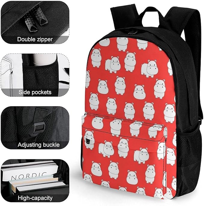 Daypack Backpack Polyester Anti-Theft Multipurpose White Hippo Pink Bookbag Big Capacity Travel Hiking Camping Rucksack With Smooth Zippers
