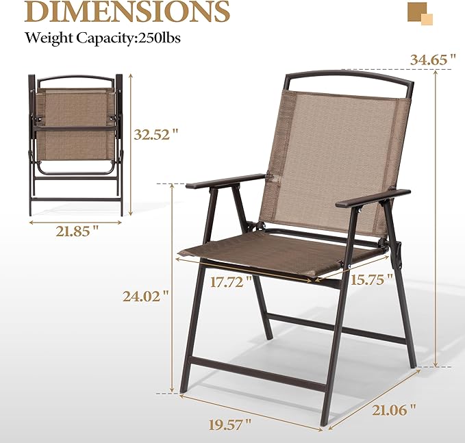 Crestlive Products Set of 2 Patio Dining Chairs, Outdoor Folding Chairs Portable Sling Recliner with Armrest for Camping, Garden, Backyard, Deck Brown