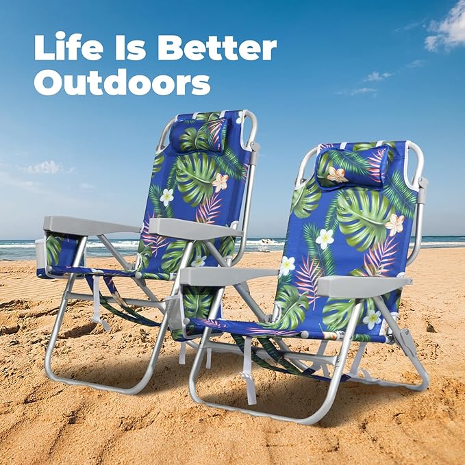 Low Beach Chairs for Adults - 5-Position Reclining Backpack Chair with Large Insulated Cooler & Storage Pocket, Aluminum Frame, Portable for Travel & Outdoor, Supports 300lbs, Tropical Palm