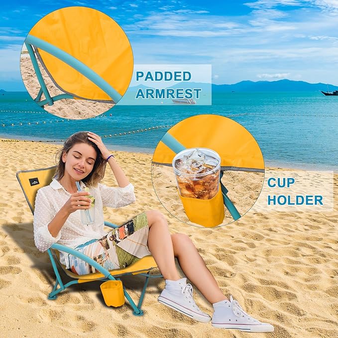 NORTHROAD 2 Pack Low Folding Beach Chair,Portable Lightweight Lowback Sling Chair, Outdoor Low Seat Camping Chair w/Cup Holder & Carry Bag for Sand Camping Lawn Picnic Festival,Orange