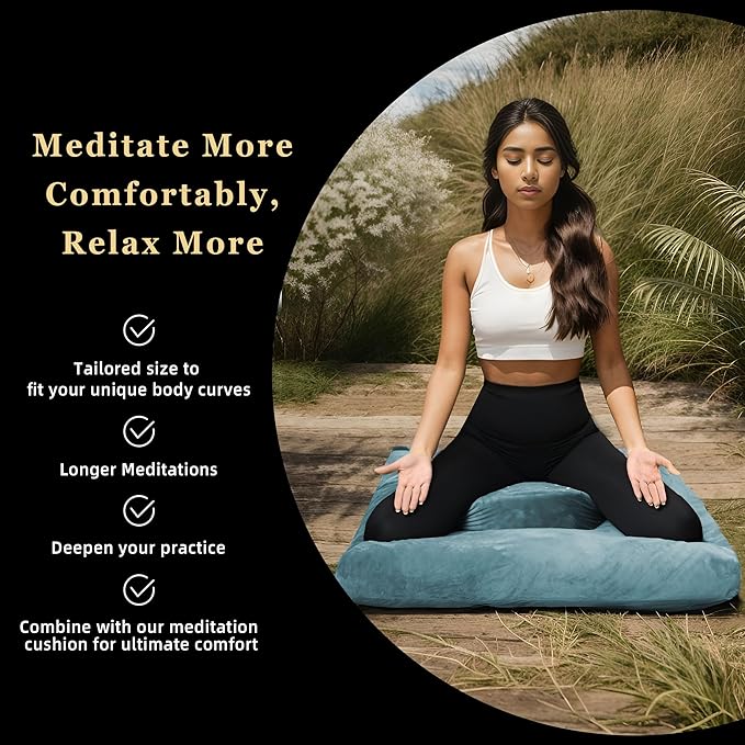 Meditation Zafu Cushion Set with Buckwheat Hulls & Memory Foam - Ergonomic Support for Yoga & Sitting - Removable Machine-Washable Luxury Velvet Cover - for Adults and Kids (Green)