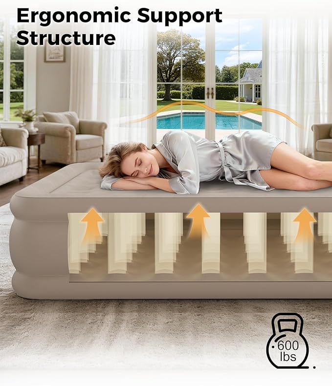 Full Air Mattress with Built in Pump, Single Blpw up Air Bed with Portable Storage Bag, Suitable for Home and Guests, Top Flocking, 18" Full Khaki