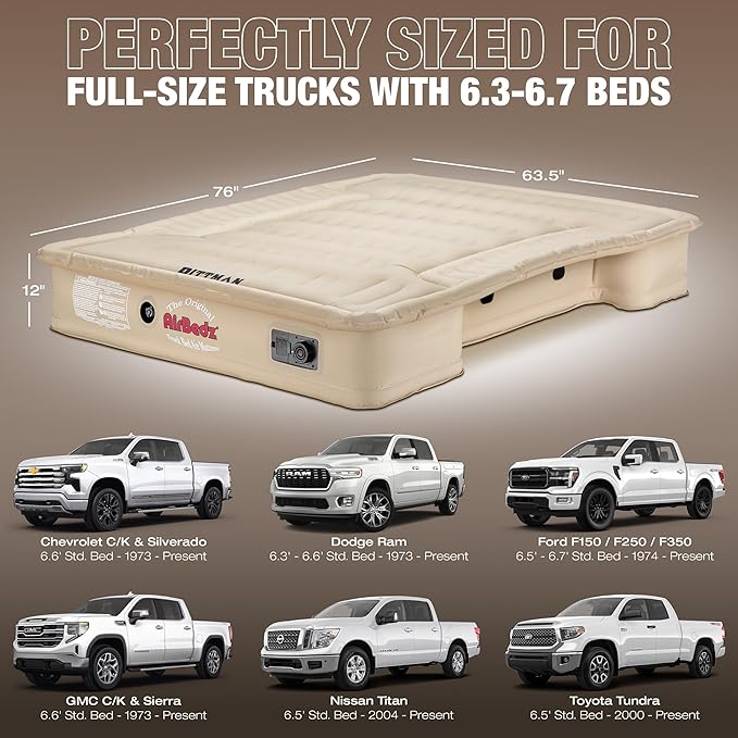 Pittman - Truck Bed Mattress 6.5 Foot Bed > 6ft - The Original Airbedz Truck Bed Air Mattress 6.5 Bed - Full Size Truck Mattress with 25% More Bed Coverage for Pickup Truck Bed Camping - Tan