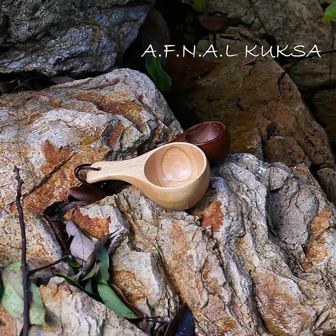Kuksa Camping Mug Wooden Bushcraft Handcarved Cup, Nordic Style Coffee & Hiking Kuksa, 2 Pack Small & Mini Size, 3.3 oz. & 1 oz.