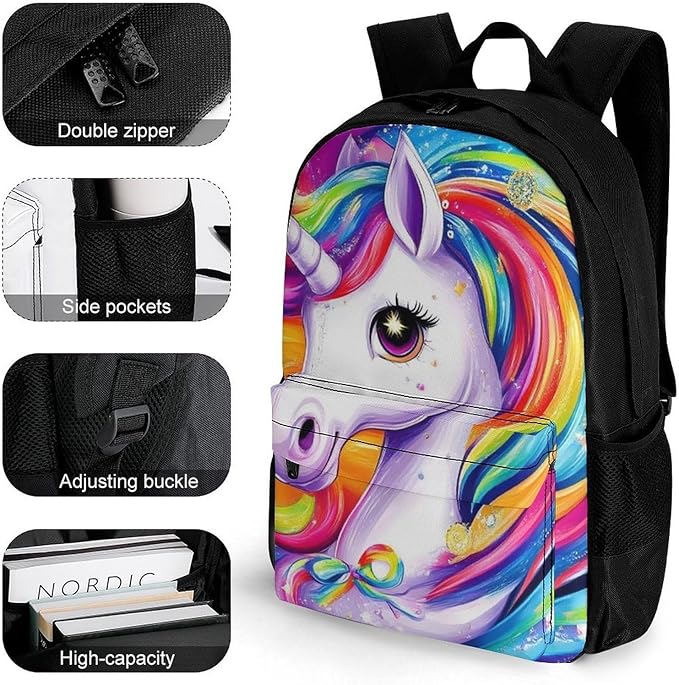 Supdreamc Adults Lightweight Colorful Rainbow Unicorns Rucksacks Large Capacity Bookbag With Adjustable Shoulder Straps for Trekking Outdoors Bicycle