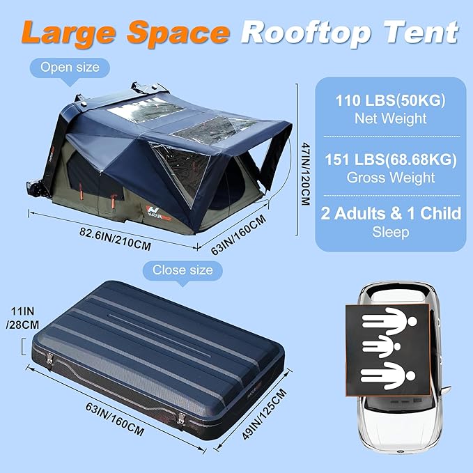 Naturnest Rooftop Tent Hard Shell with Annex Room, Easy Set Up Large Tent for 2-3 Person Camping, Waterproof 4 Season Tents for Truck, Jeep, SUV, Van, Trailer - Sirius 1 Plus with Annex Room