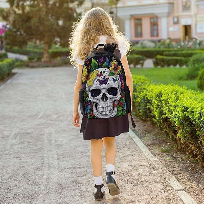 Men Women Lightweight Magic Mushrooms Skull Psychedelic Butterfly Art Casual Daypack Large Capacity Bookbag With Adjustable Shoulder Straps for Gym Business Bicycle