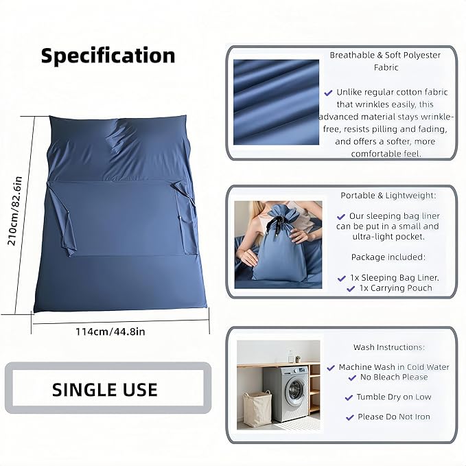 Sleeping Bag Liner for Adults, Lightweight Travel Sleep Sack with Carry Bag, Compact Portable Sleeping Sheet for Camping, Hiking, Hostels, Hotels and Backpacking