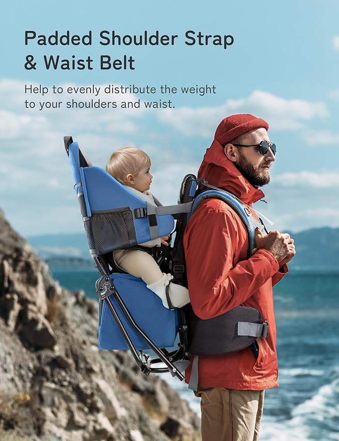 besrey Baby Backpack Carrier, Toddler Hiking Backpack with Safety 3-Height Seat, Adjustable Straps&Waist Belt, Foldable Frame Lightweight Large Capacity Child Carrier for Hiking (Klevin Blue)