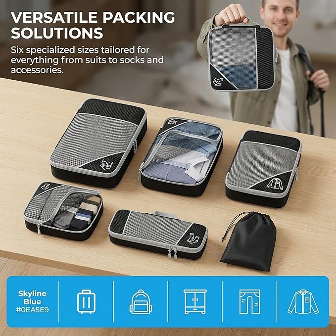 6Pcs Compression Packing Cubes Set, Waterproof Travel Luggage Organizer with Drawstring Bag, Lightweight Nylon Suitcase Storage Bags for Travel Camping Business Trip