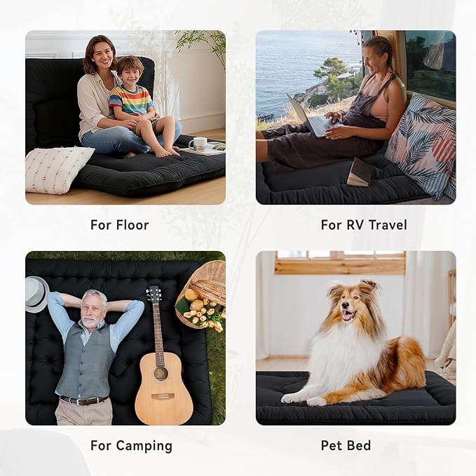Japanese Floor Mattress, 3.5" Thicken Futon Mattress Tatami Mat, High Density Foam Support for Adult Kids Sleep, Portable Futon Sofa Bed for Camping, Pet Mat, Twin 80"x 39"（Black）