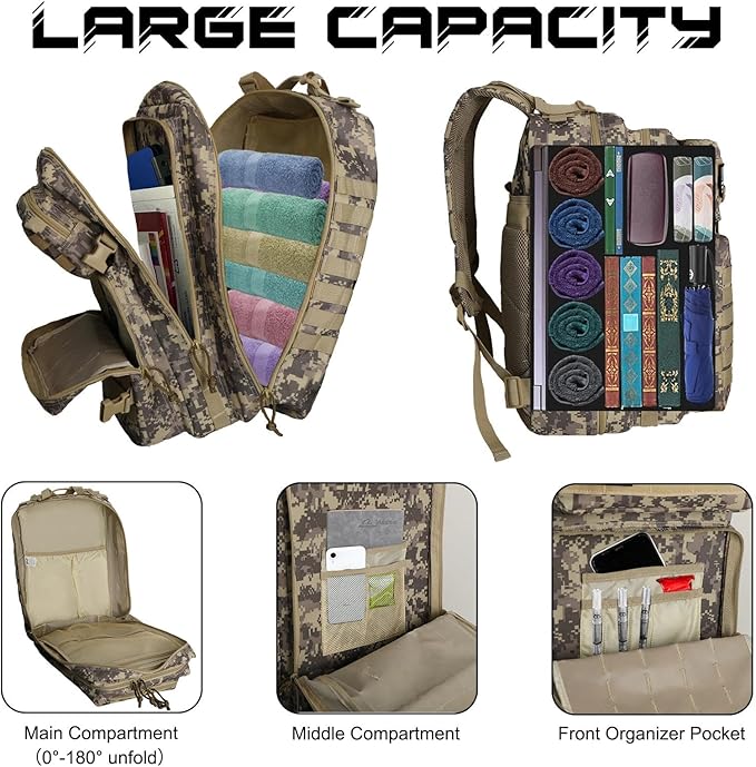 WOLT Military Tactical Backpack for Men 45L Molle Backpack 3 Day Assault Pack Bug Out Bag, Heavy Duty Rucksack for Hiking Gym, Camouflage Khaki